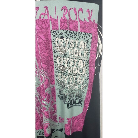 Christian Audigier Crystal Rock Womens Tunic Top M Navy Blue Floral Y2K Limited - Picture 2 of 6